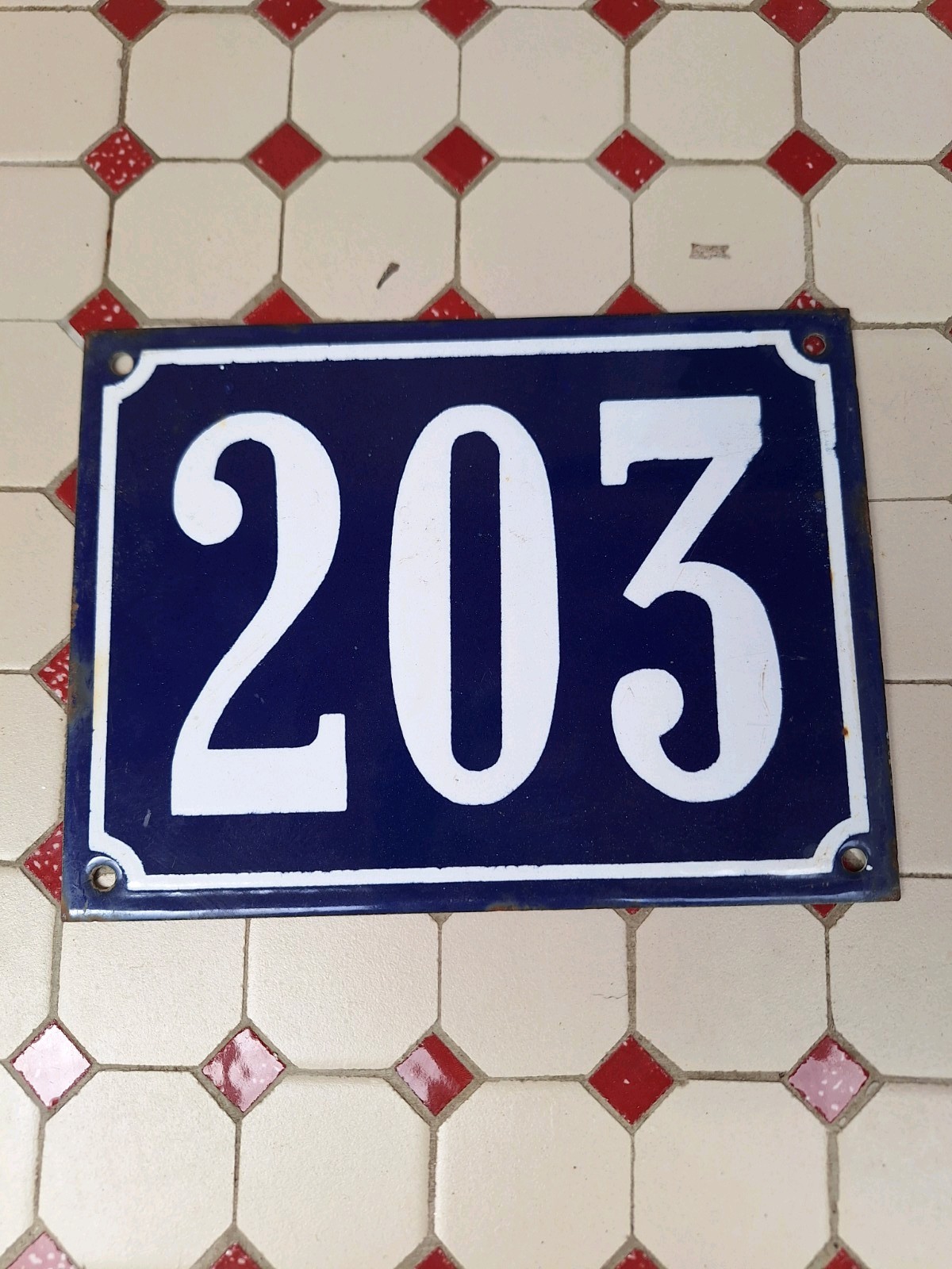 Large Antique Enameled Plaque Street Number 203 20X15cm Navy Blue Enamel