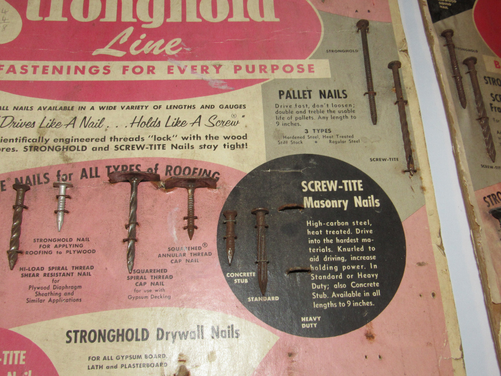 3 VINTAGE HARDWARE STORE NAIL ADVERTISING DISPLAYS! 12×18″ ALUMINUM/MASONRY/ROOF