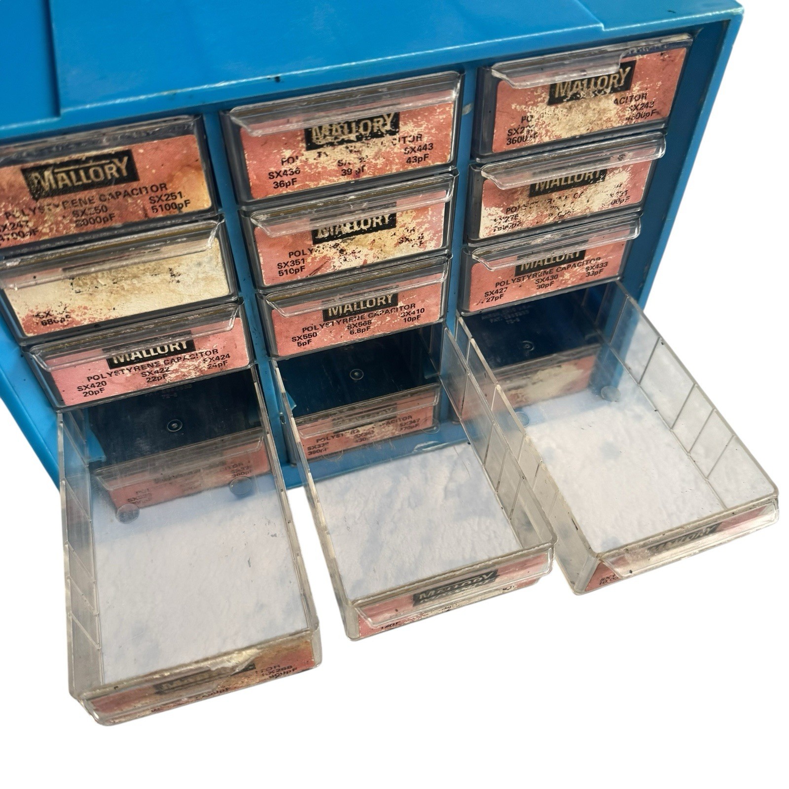 Vtg Mallory Electrical Capacitor Blue Multi Drawer Storage Cabinet Drawers USED