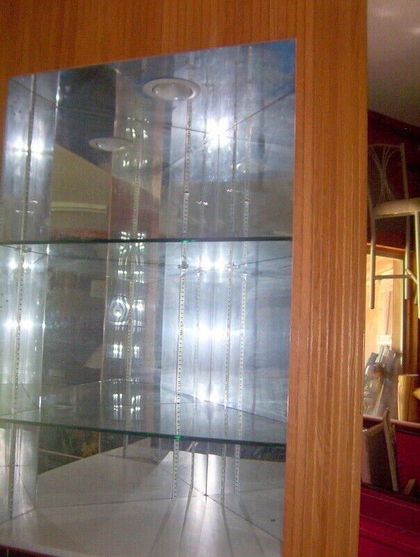 Corner Oak cabinets /Art/Museum Treasures lighted display 95X35X22 have 2