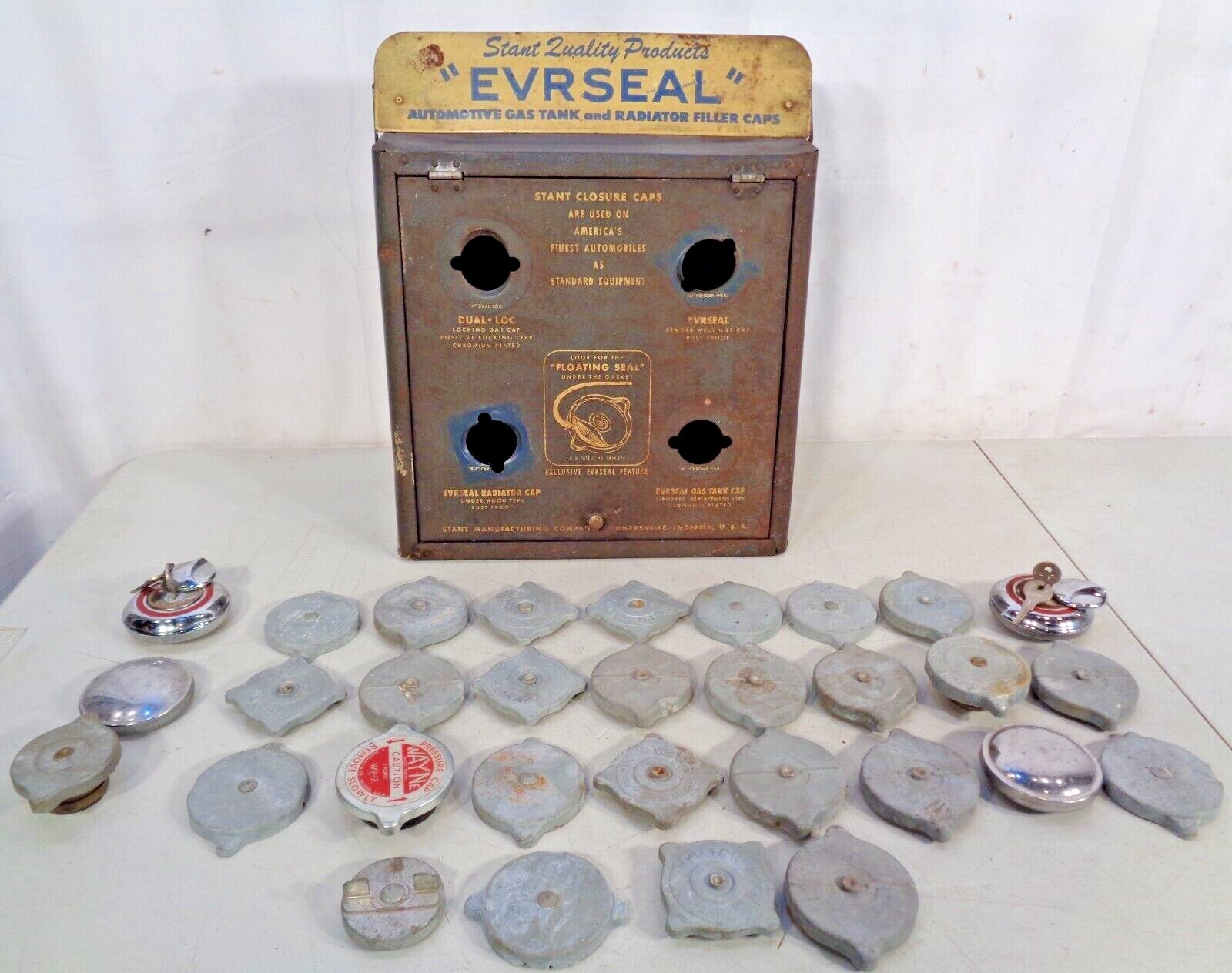 1949 STANT EVRSEAL Radiator Gas Cap Counter Wall Display Cabinet Gas/Oil Sign