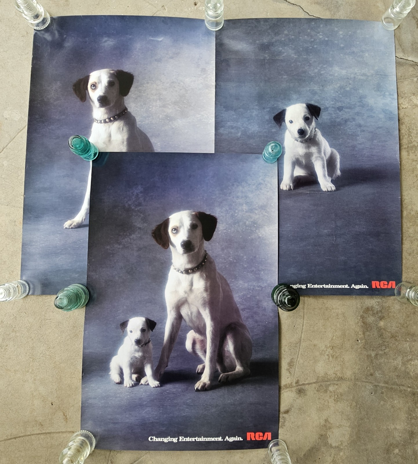 SUPER RARE SET OF VINTAGE 1990 RCA NIPPER AND CHIPPER STORE ADVERTISING POSTER
