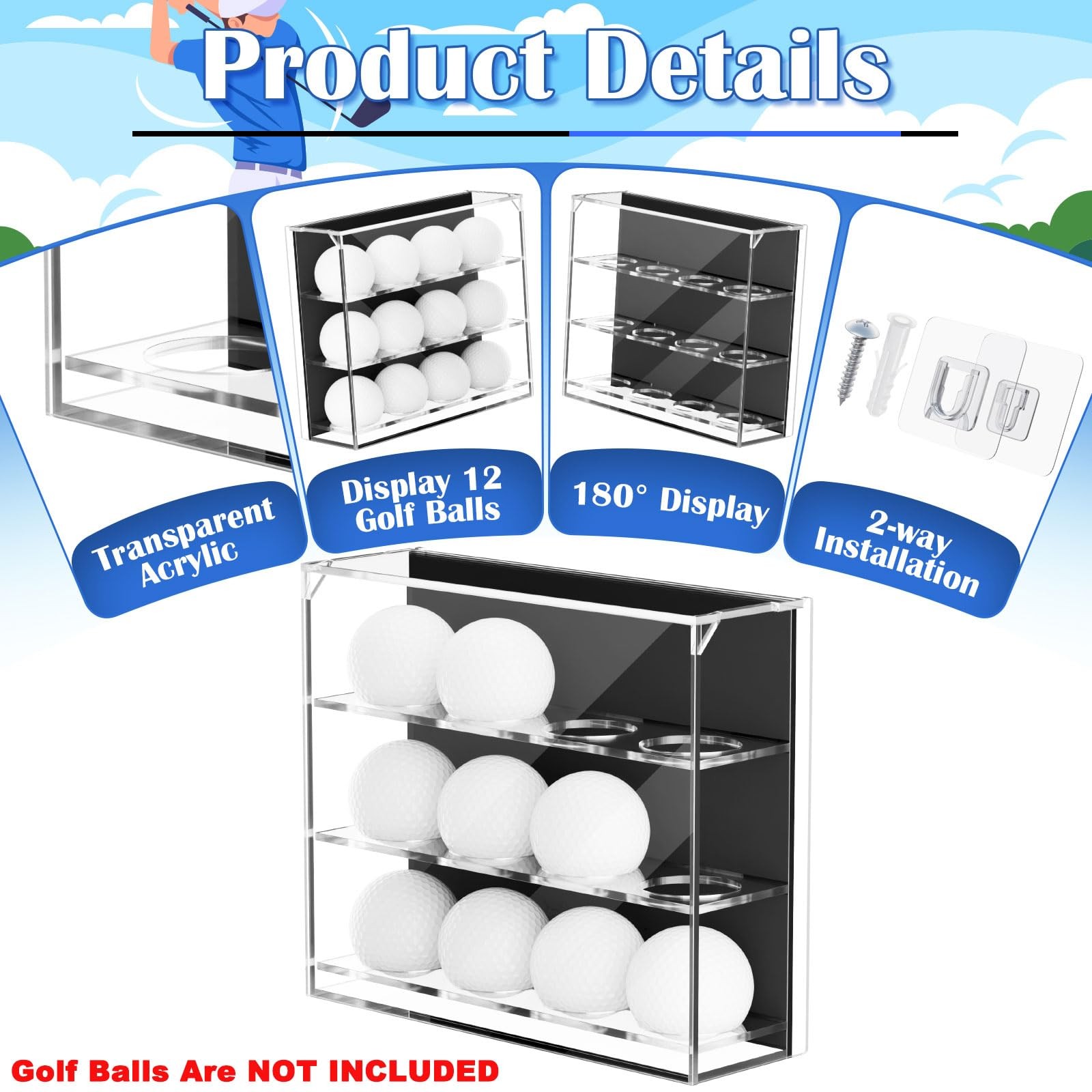 Cosmos Acrylic Golf Ball Display Case Wall Mounted Golfball Transparent Clear