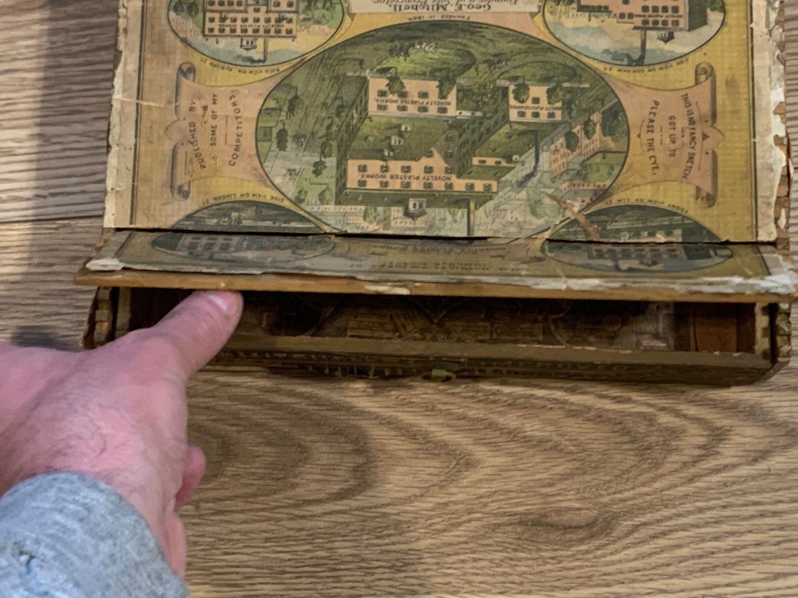 Late 1800s Mitchell’s Perforated Plaster Wood Advertising Drawer Box Drugstore