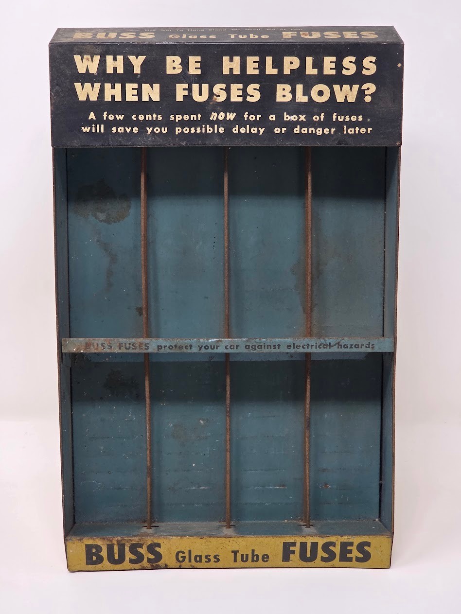 Vintage Buss Glass Tube Fuses Metal Counter Display Rack Advertising Sign