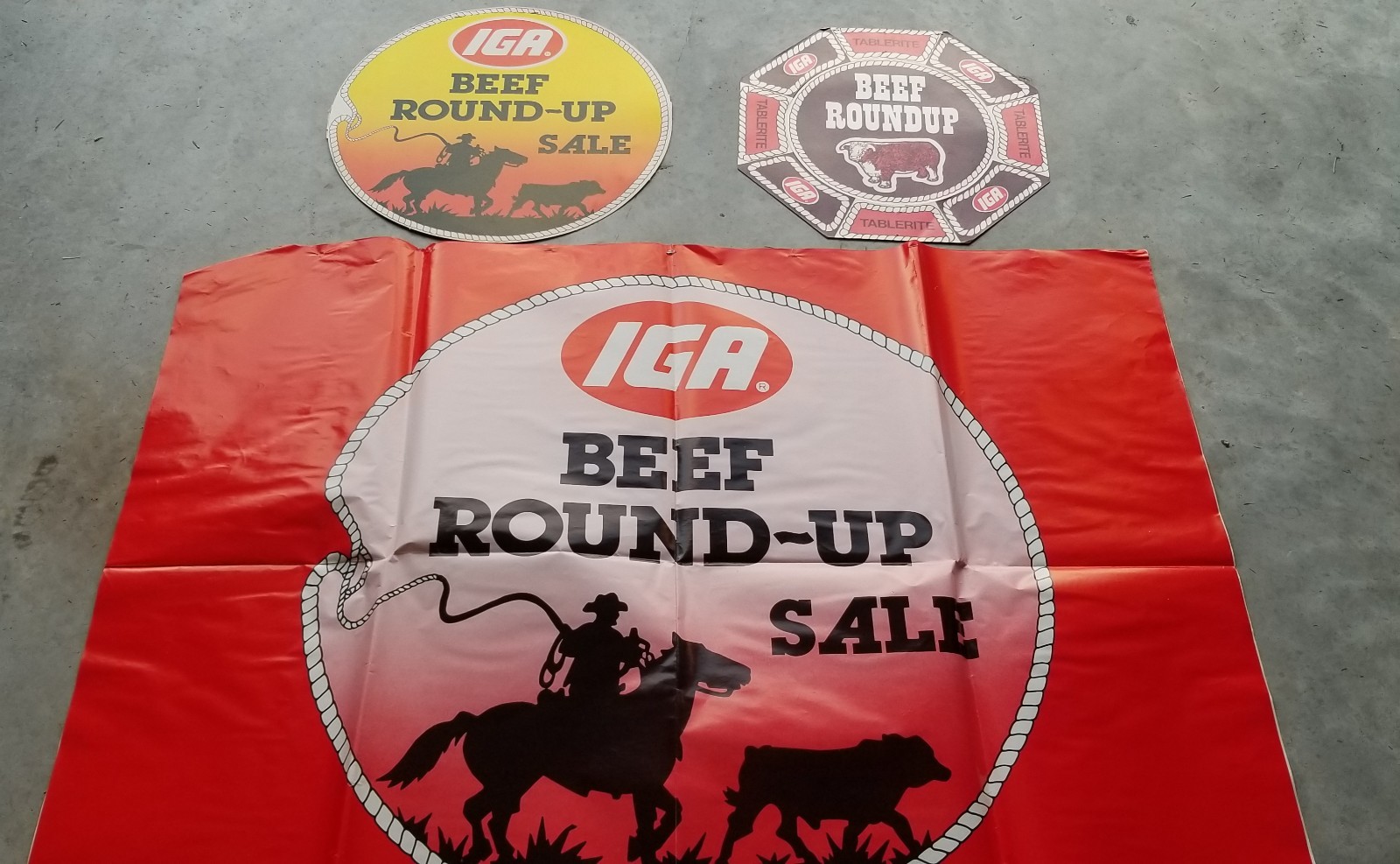 IGA Grocery Store Beef Round Up Sale Display Sign, Banner 3pcs Vintage