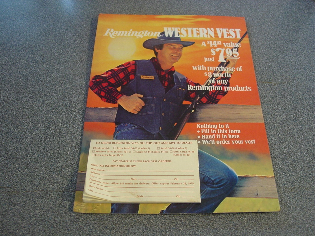 Remington Cardboard Display STORE DISPLAY SIGNS Western Vest Tear Off Retail