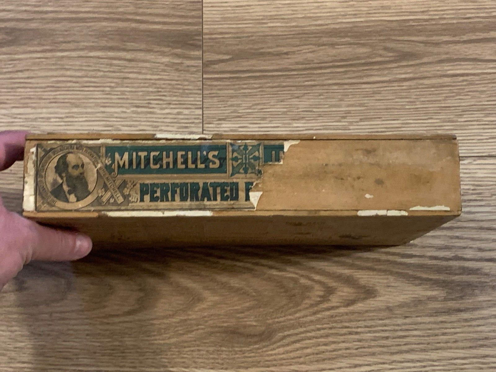 Late 1800s Mitchell’s Perforated Plaster Wood Advertising Drawer Box Drugstore