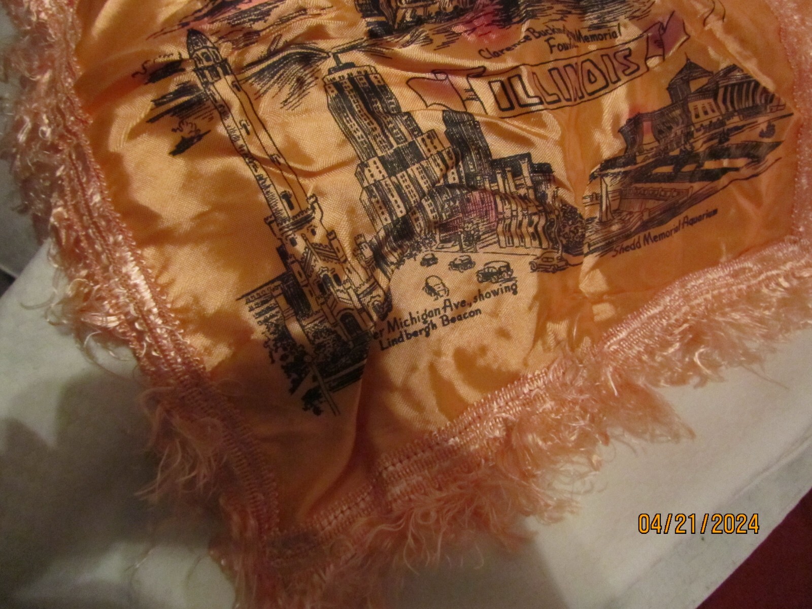 Vintage Sourviner of Chicago Landmarks Satin Pillow Cover w/F W Woolworth Tag
