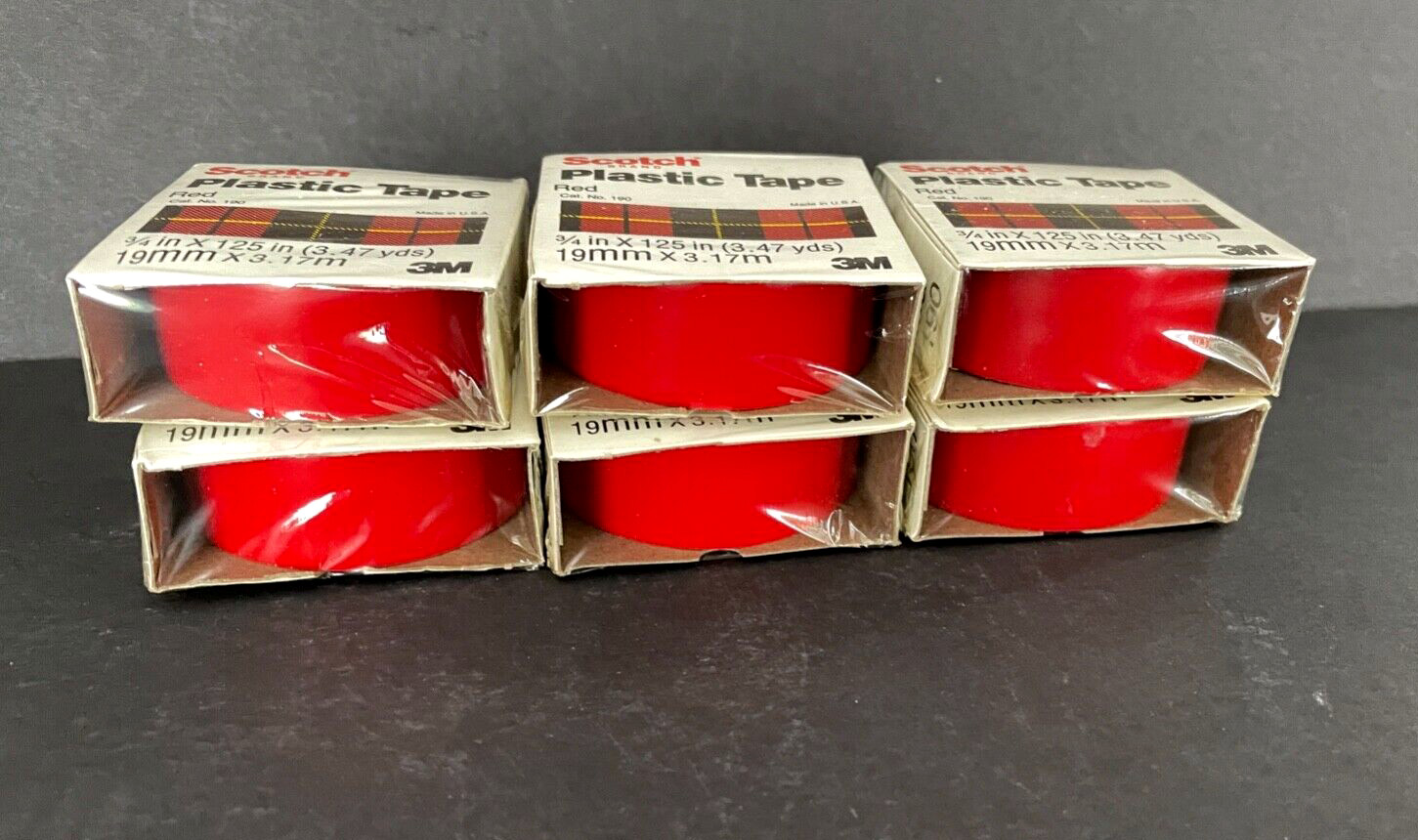 Lot of 6 NOS 1970’s Scotch 3M Plastic Tape – 3.47 Yards Each Red Made in USA