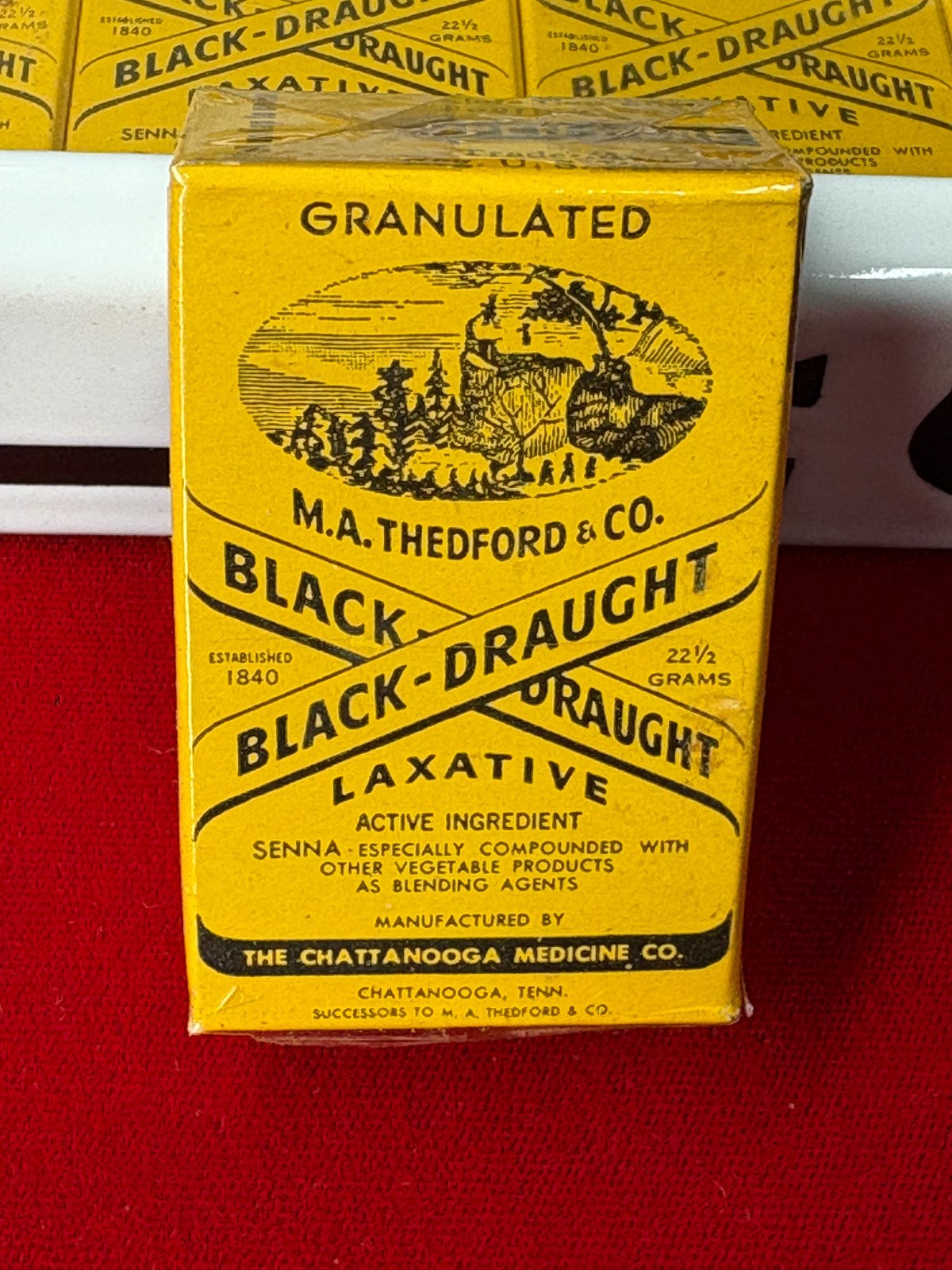EARLY 1900’s “BLACK DRAUGHT PORCELAIN DISPENSER W/ 15 UNOPENED BOXES” NEAR MINT