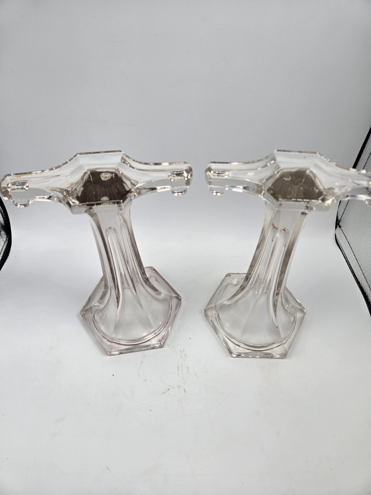 Pair Vintage Crystal Glass Shelf Pedestals Soda Shop Display Stands