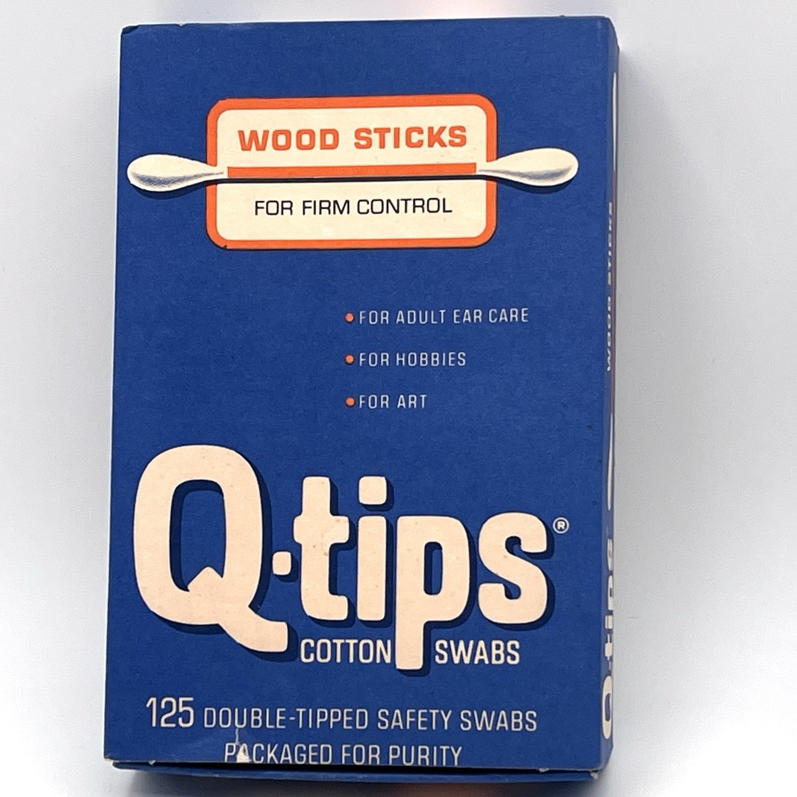 Vintage Q Tips 1960s Wood Packaging Blue Retro Graphic Box Bathroom Prop EMPTY