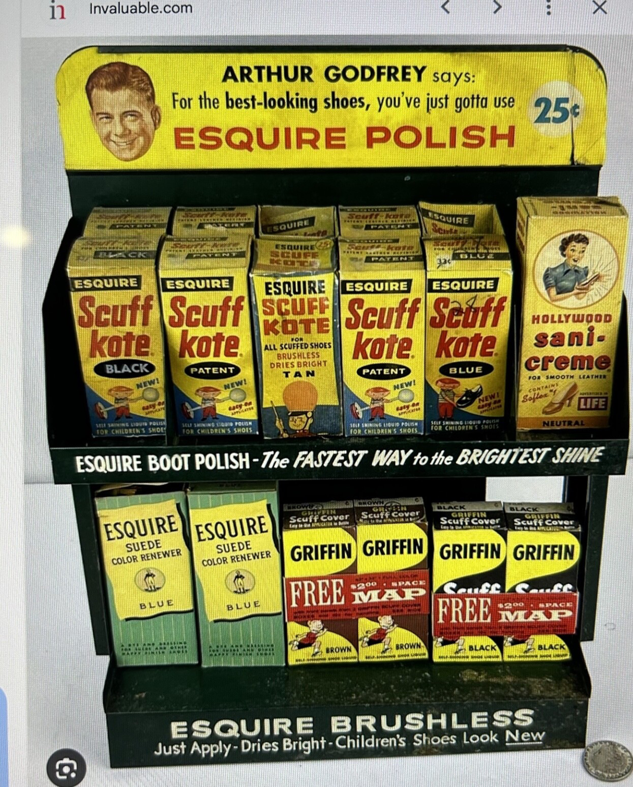 Esquire Brushless Shoe Polish Arthur Godfrey Store Counter Metal Display 1950s