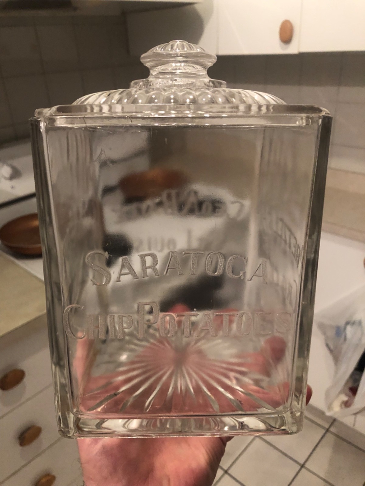VINTAGE c.1920 RARE HEAVILY EMBOSSED BAYLE “SARATOGA CHIP POTATOES/PRETZELS JAR
