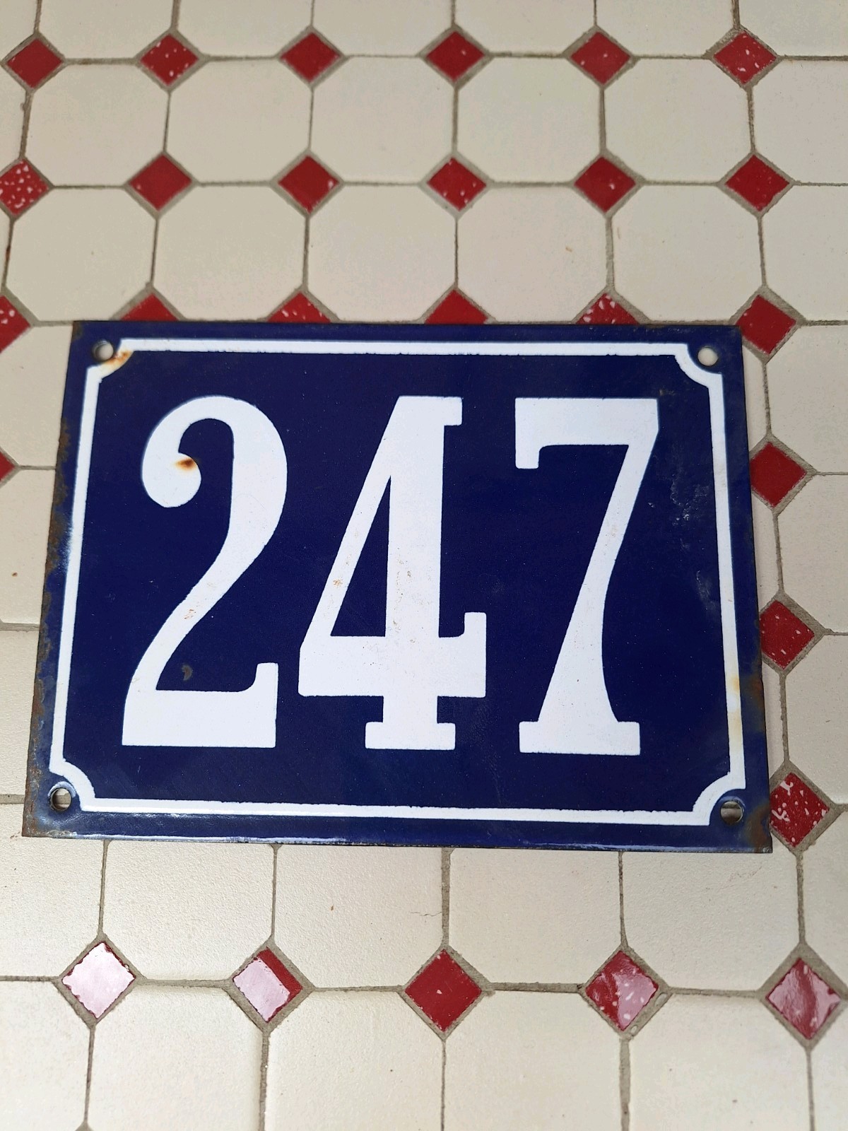 Large Antique Enameled Plaque Street Number 247 20X15cm Navy Blue Enamel