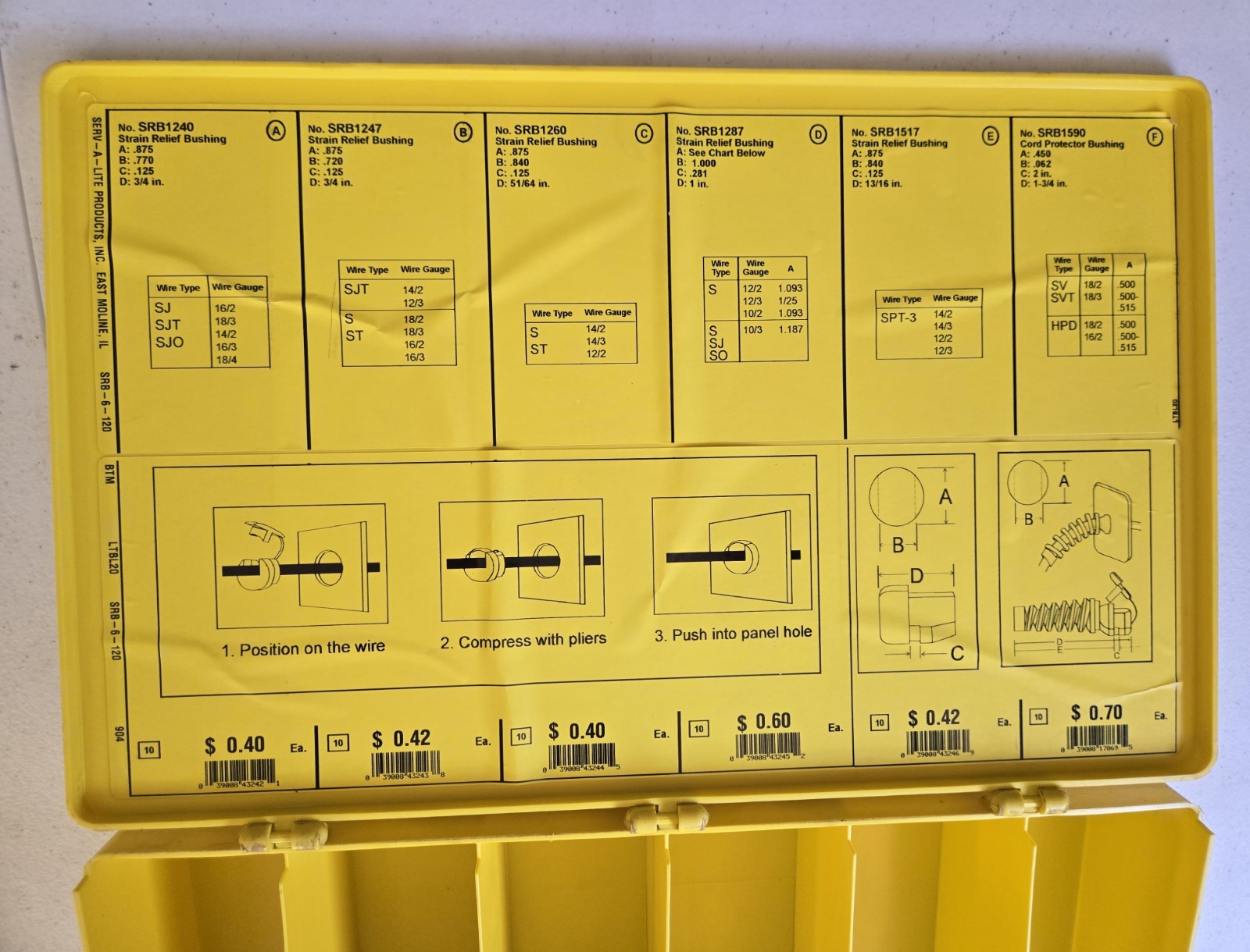 Large Serv-a-Lite Strain Relief Bushings Storage Box Serv-a-lite Products Empty