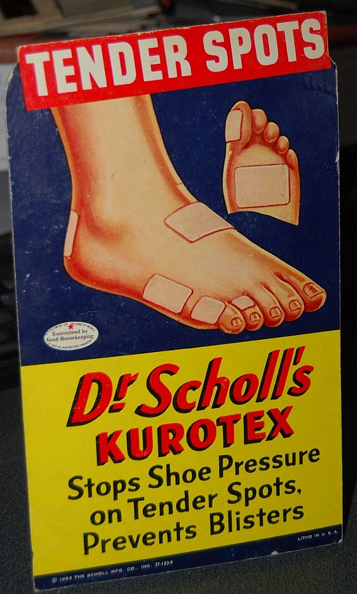 VINTAGE 1953 DR SCHOLL’S KUROTEX DRUG STORE DISPLAY SIGN 9″ X 5-1/2″