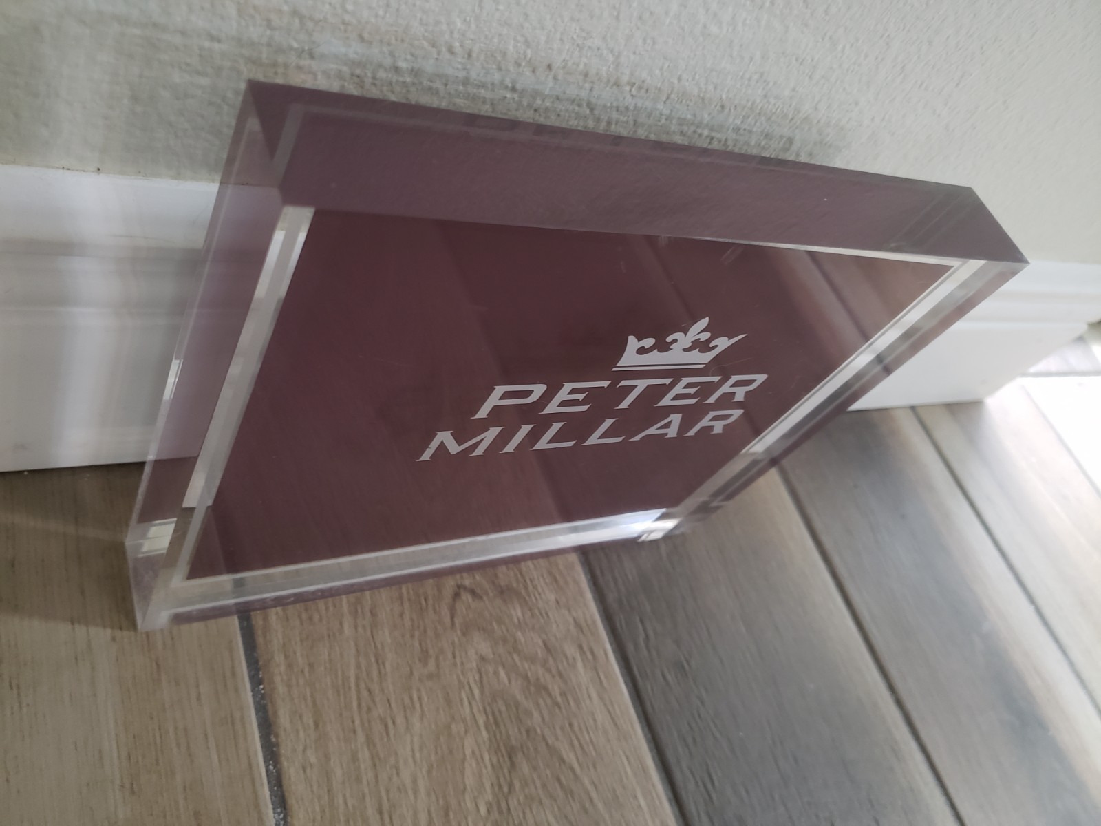 PETER MILLAR Lucite Store Advertising Countertop Display Sign Plaque 10x8x1 3/8