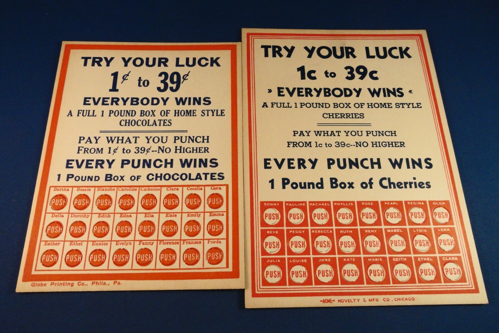 TWO Old General Store Gambling Punch Cards: 1 LB Chocolates / 1LB Cherries