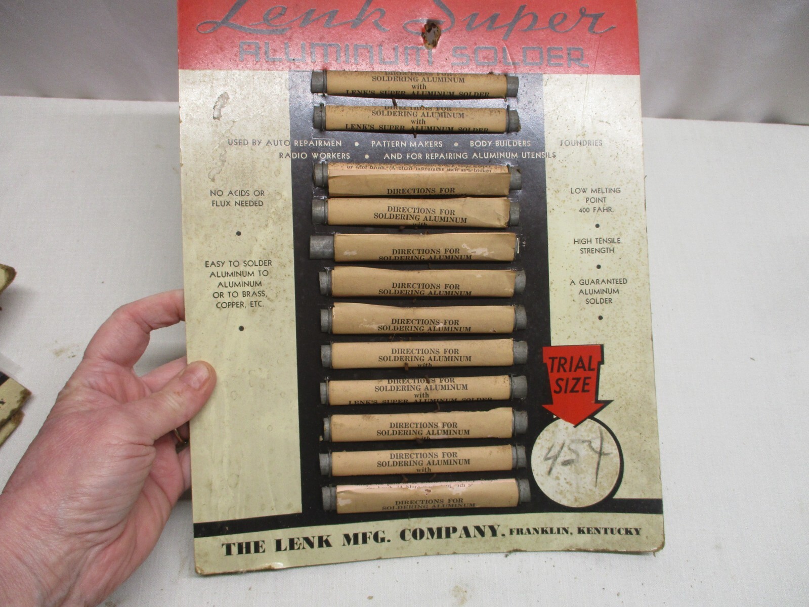 LENK SUPER ALUMINUM SOLDER ~ RARE STORE DISPLAY TRIAL SIZE ~ FRANKLIN KENTUCKY