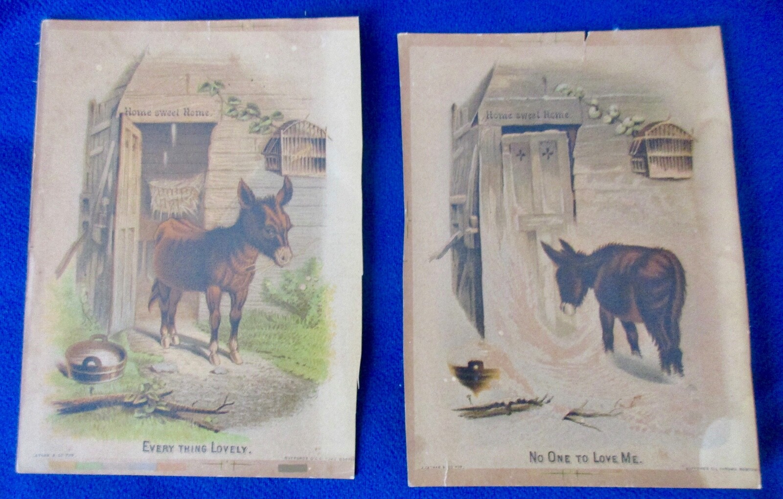 2 DONKEYS1800s Bufford’s Oil ChromoLithograph HOME SWEET HOME “NO ONE LOVES ME”