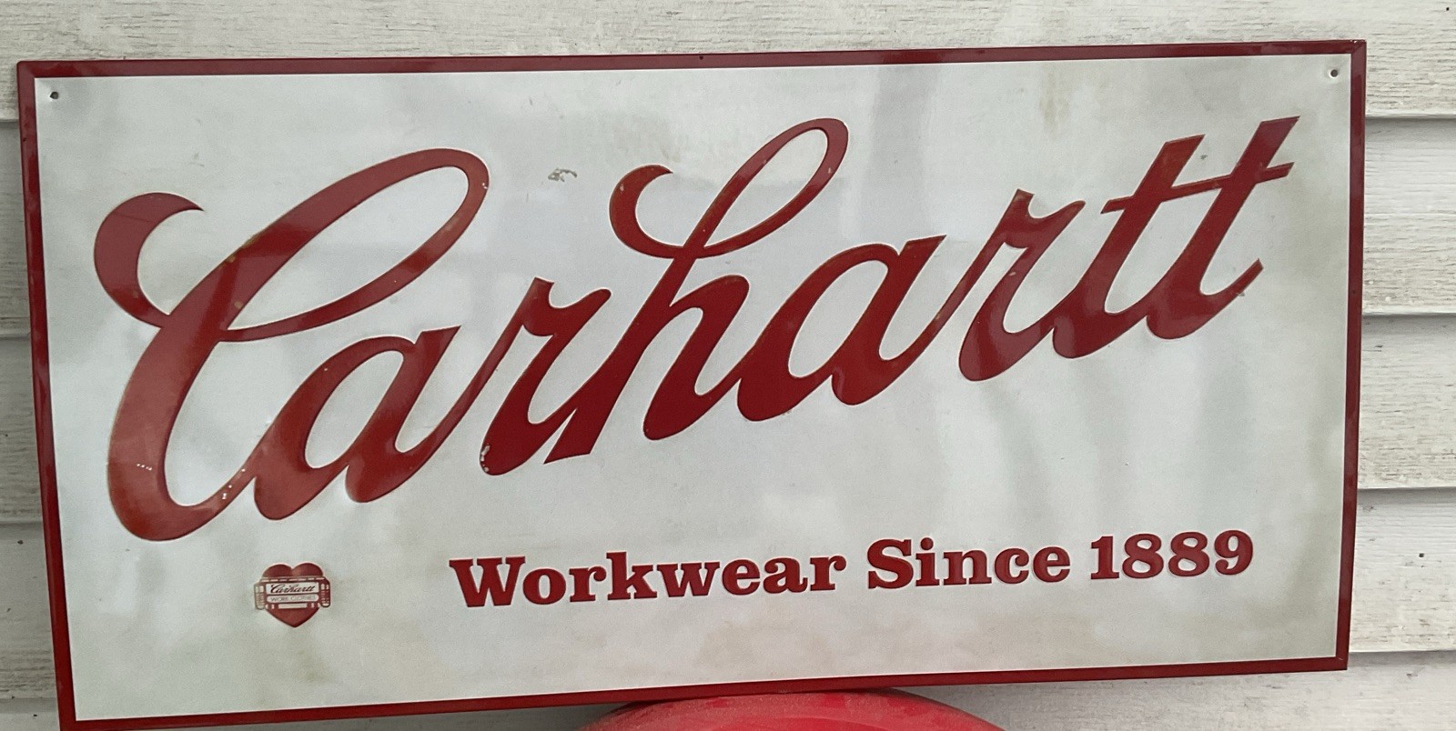 Vtg CARHARTT WORKWEAR SINCE 1889 – Metal Tin Sign Embossed 24″x12″ Mancave