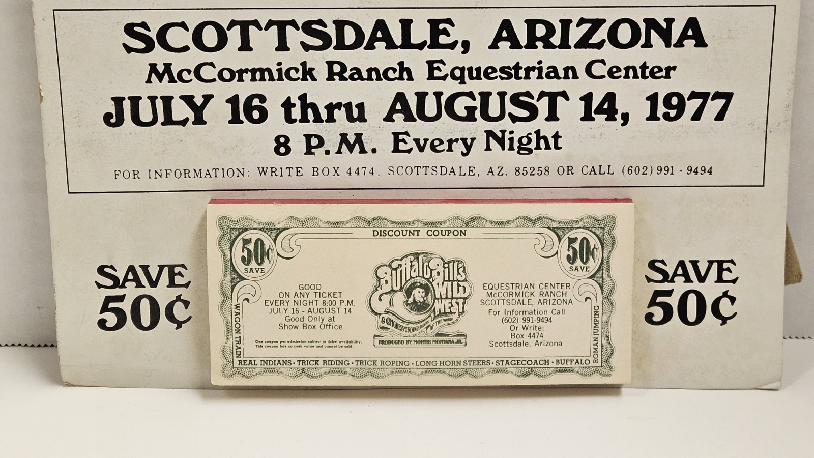 Vtg 1977 Buffalo Bill’s Wild West Table Top Cardboard Advertising Sign & Coupons