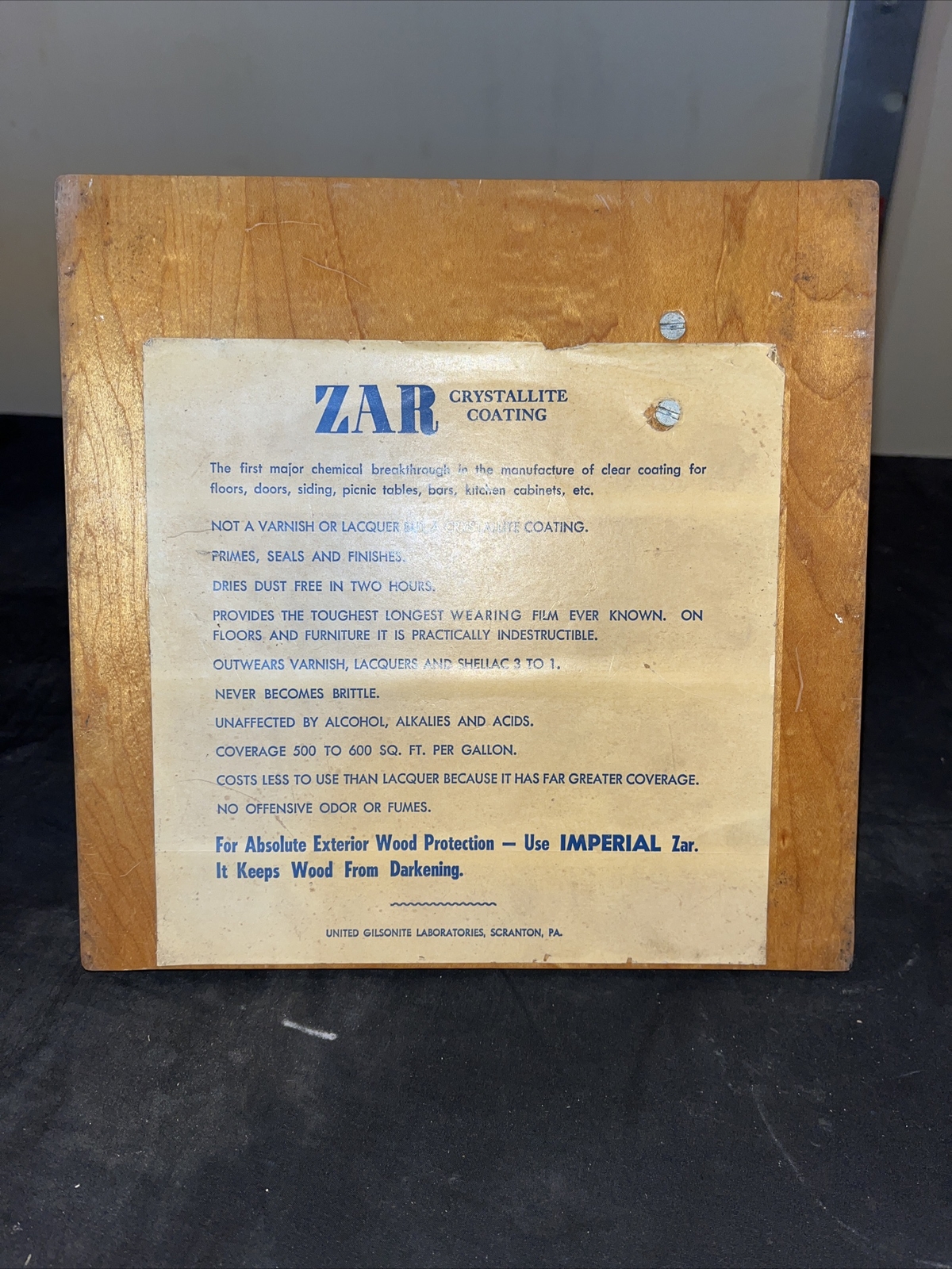 Vintage ZAR Wood Floor Finish Store Counter DISPLAY w/ Bowling Pin Imperial