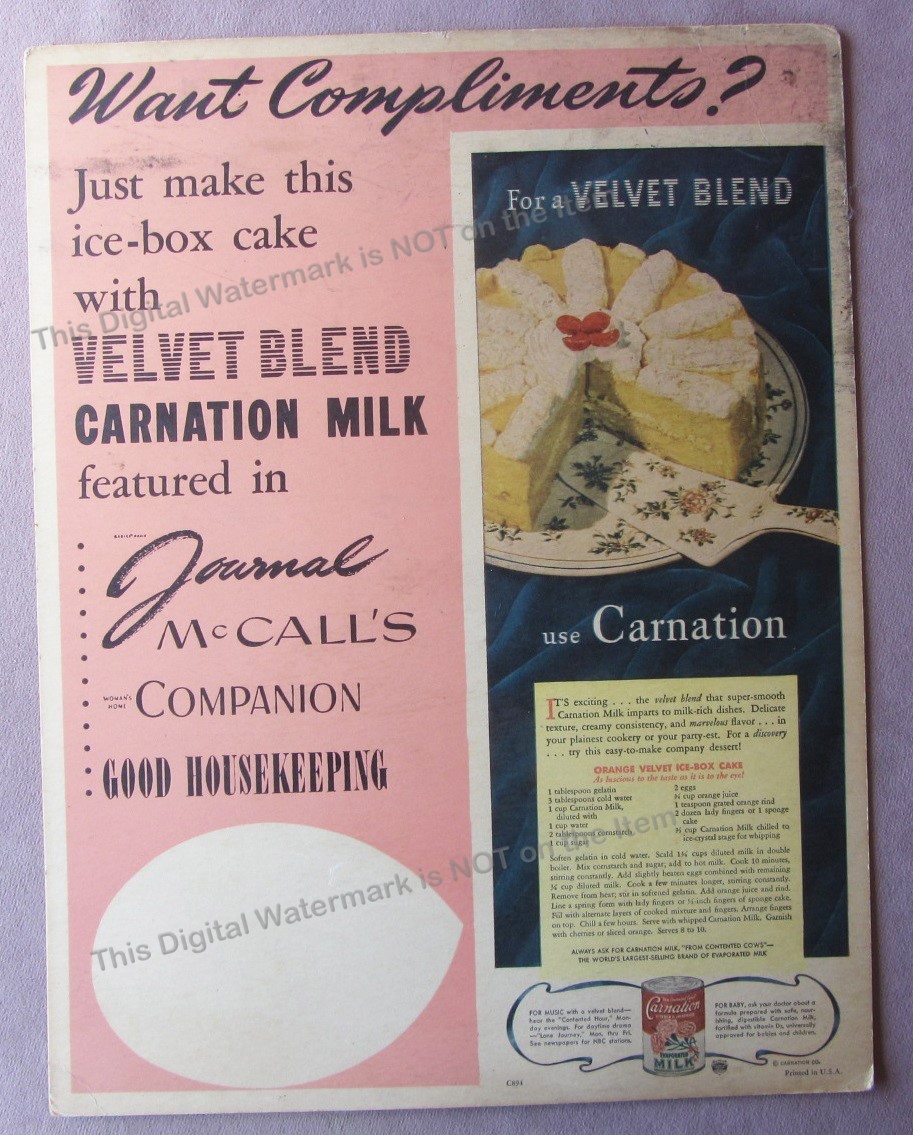 Vtg 1940s Velvet Blend Carnation Milk Cardboard Counter Display Sign Cake Recipe