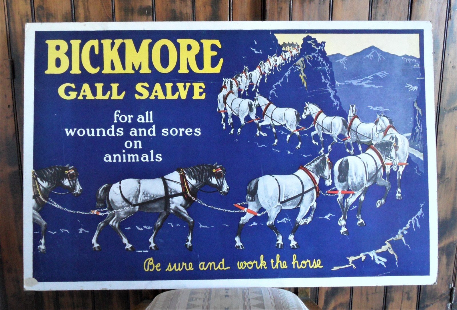 orig. 1940’s-50’s BICKMORE GALL SALVE Equine/Horse Easel-Back STORE DISPLAY SIGN