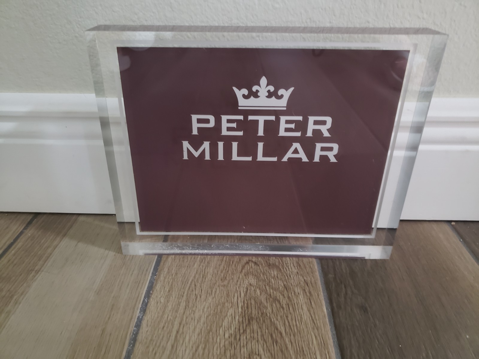 PETER MILLAR Lucite Store Advertising Countertop Display Sign Plaque 10x8x1 3/8