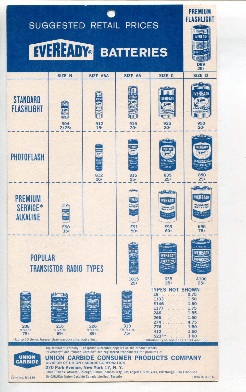 Eveready Batteries Price Chart, Suggested Retail Prices, 1950’s or 1960’s