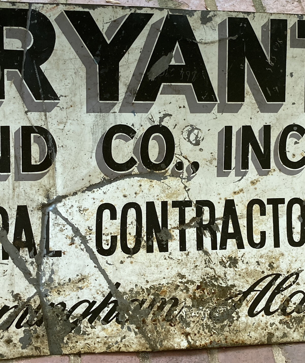 Vintage 1950s-1960s BRYANT CONTRACTORS Bham, Ala Adverti Sign 3ft. x 22 5/8in.
