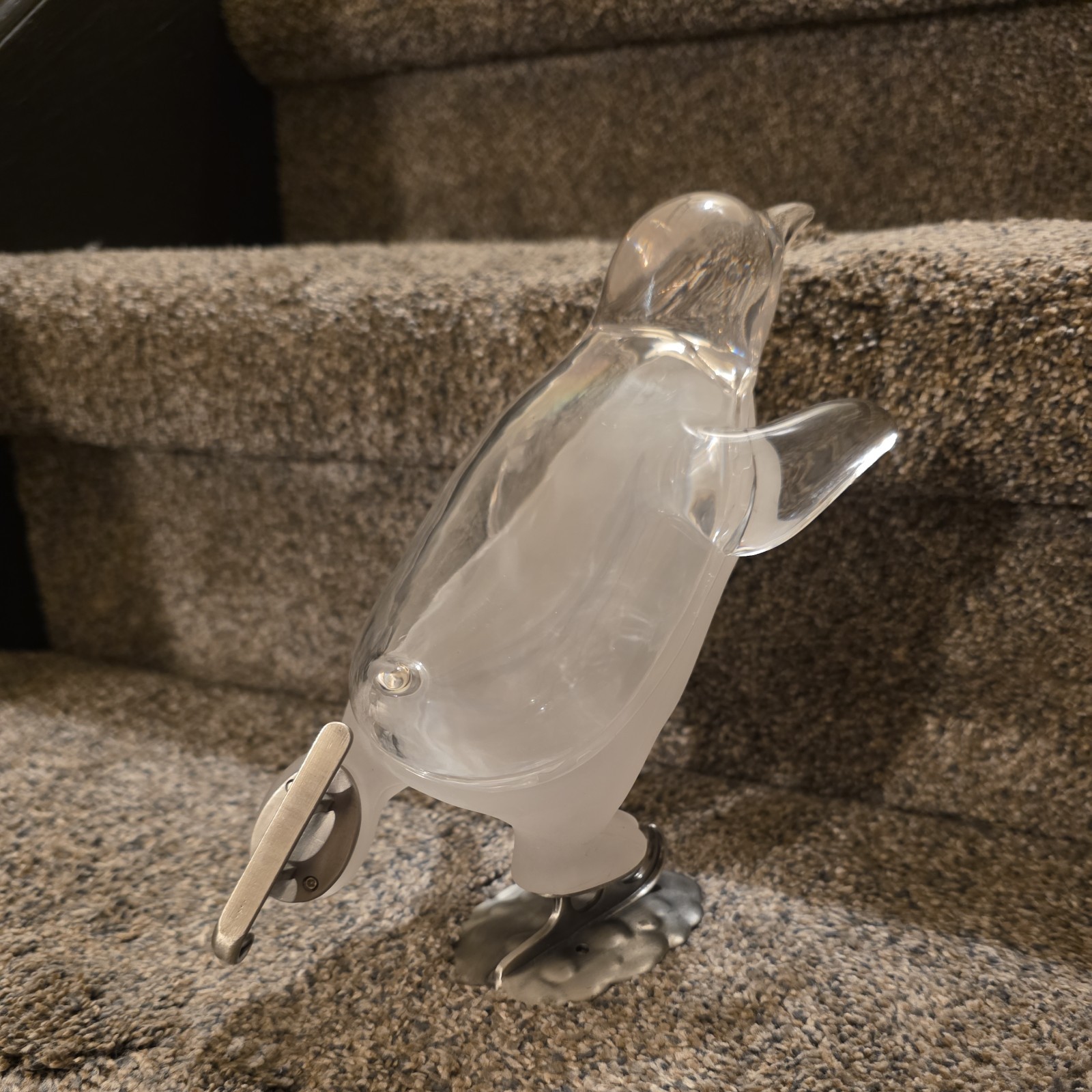 Lucite Penguin On Ice Skates Clear & Frosted 8” Tall – 1950’s Movie TV Prop MCM