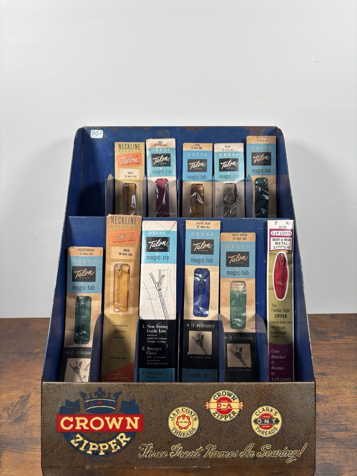 Vintage 1950s Crown Zipper Store Display w/ Assorted NOS Vintage Zippers