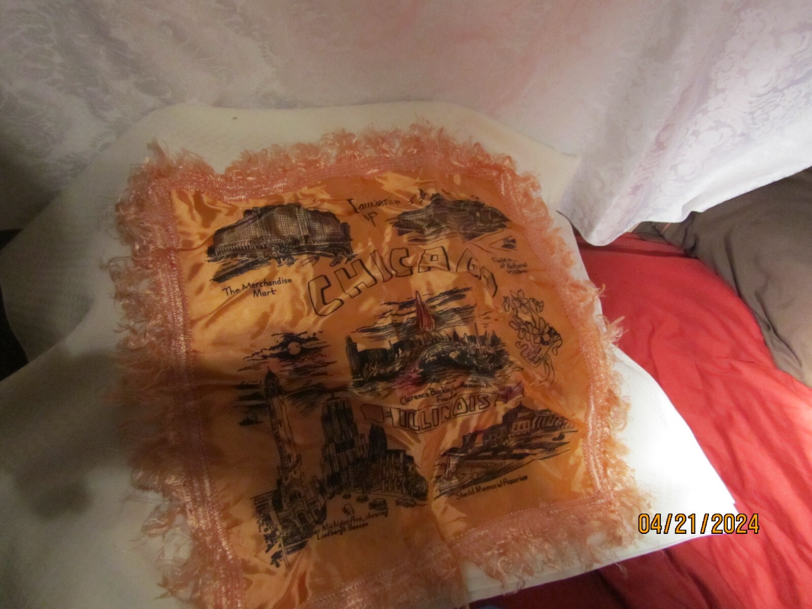 Vintage Sourviner of Chicago Landmarks Satin Pillow Cover w/F W Woolworth Tag