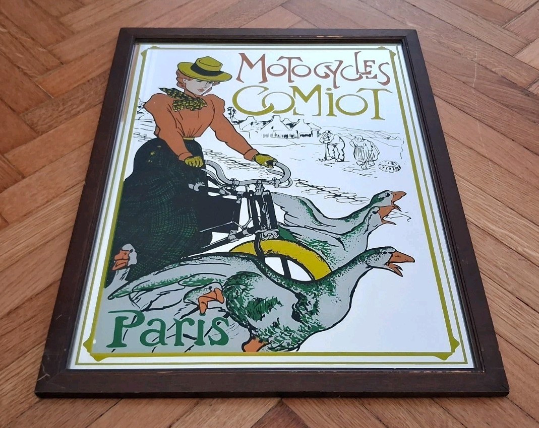 SILKSCREEN MIRROR ADVERTISING FRAME-MOTOCYCLES COMIOT PARIS-70s-VINTAGE