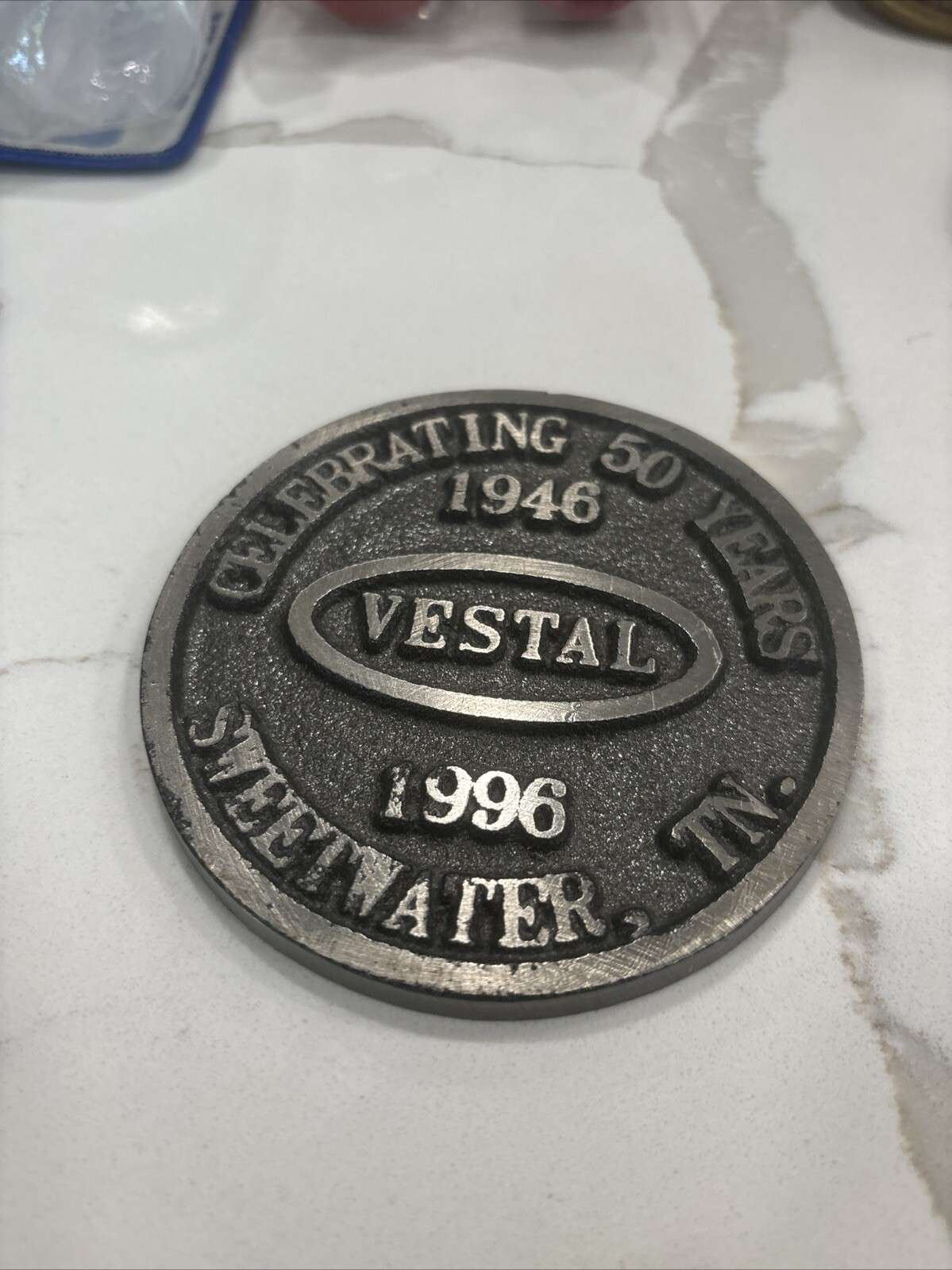 Vestal Stove Co. Sweetwater, Tenn. 50 Years Round Nameplate Display Paperweight