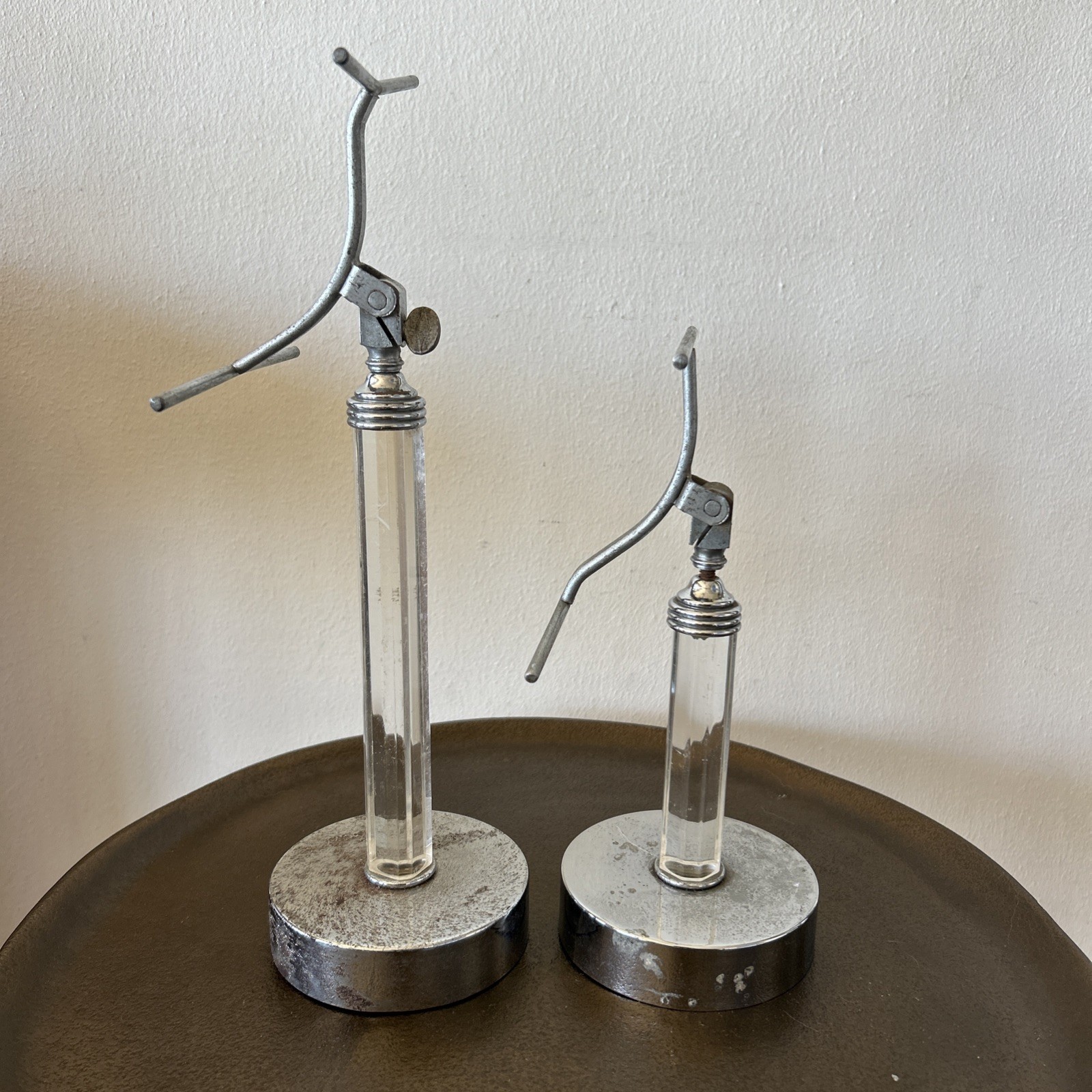 Set of 2 Vintage Shoe Display Stand Mercantile Art Deco Chrome Acrylic? AS IS