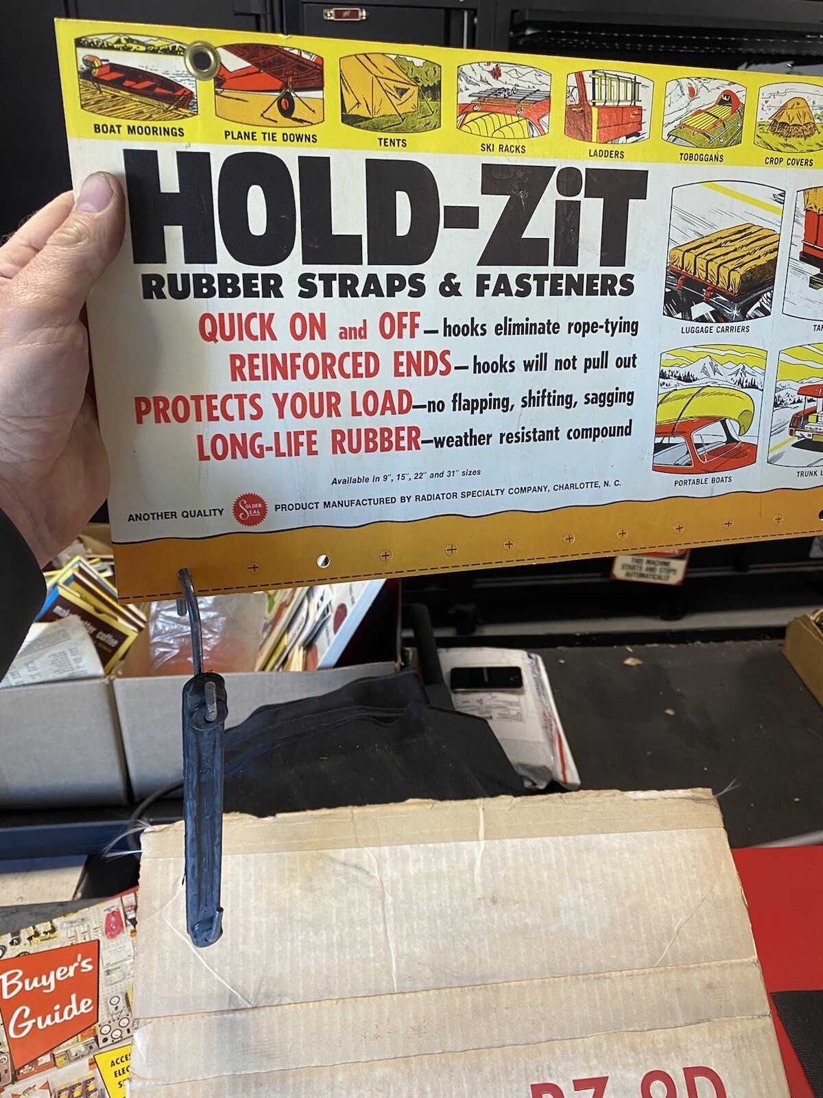 vintage advertising display hold zit straps NOS With Bungees (garage Oil Sign)