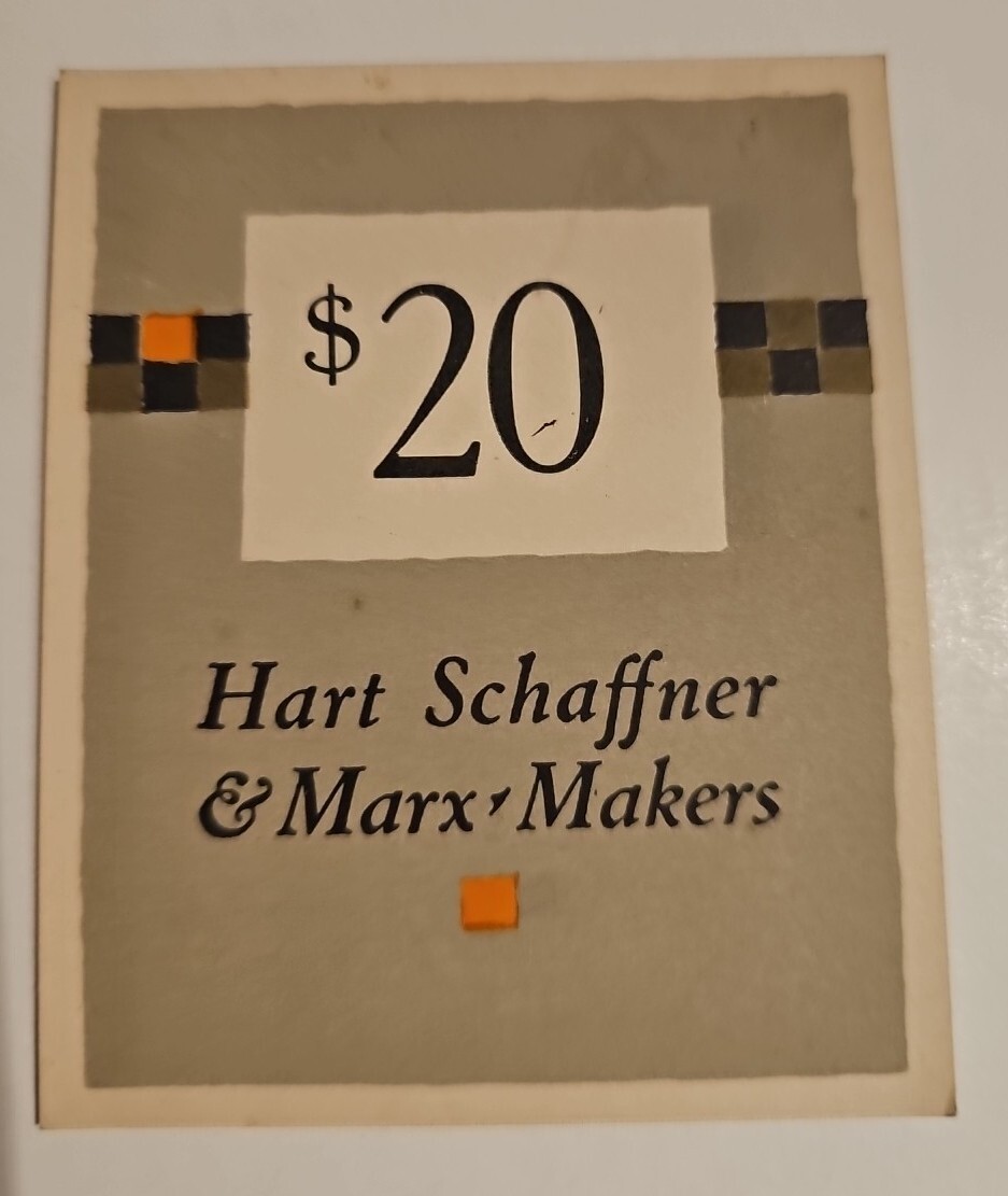 Vintage Hart Schaffner & Marx Makers $20 Price Ticket Tag