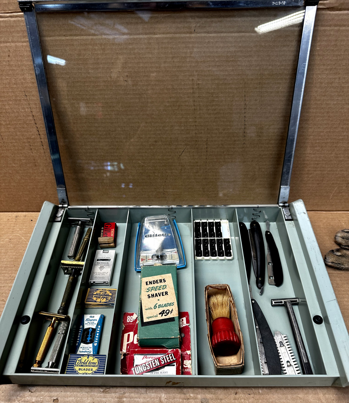 1950s Gillette Display Case W/ Shaving Razor Brush Collection Barber Shop Decor