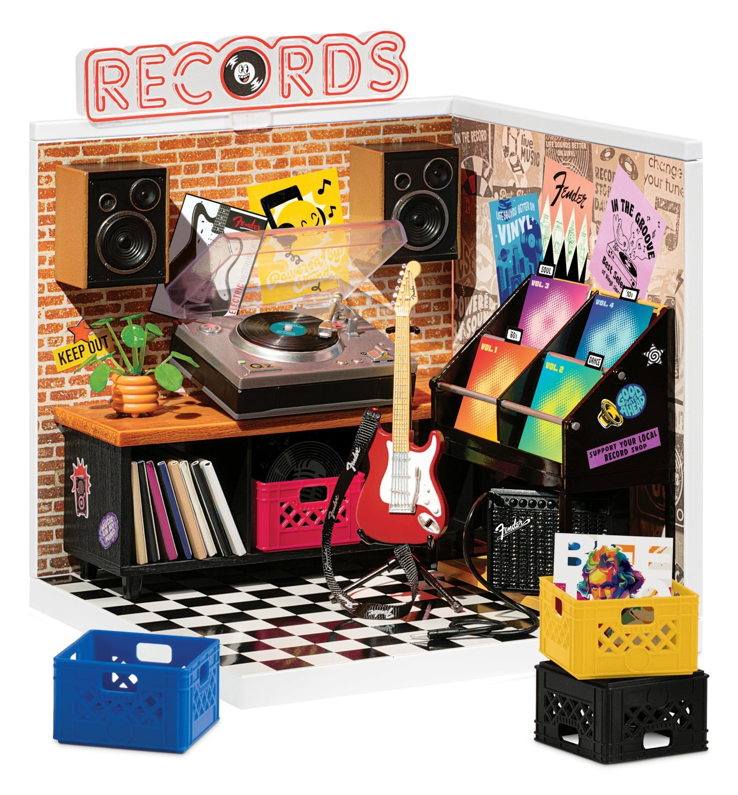Mini Music Record Shop Display Set, Fender Guitar & Accessories, Customizable Sc