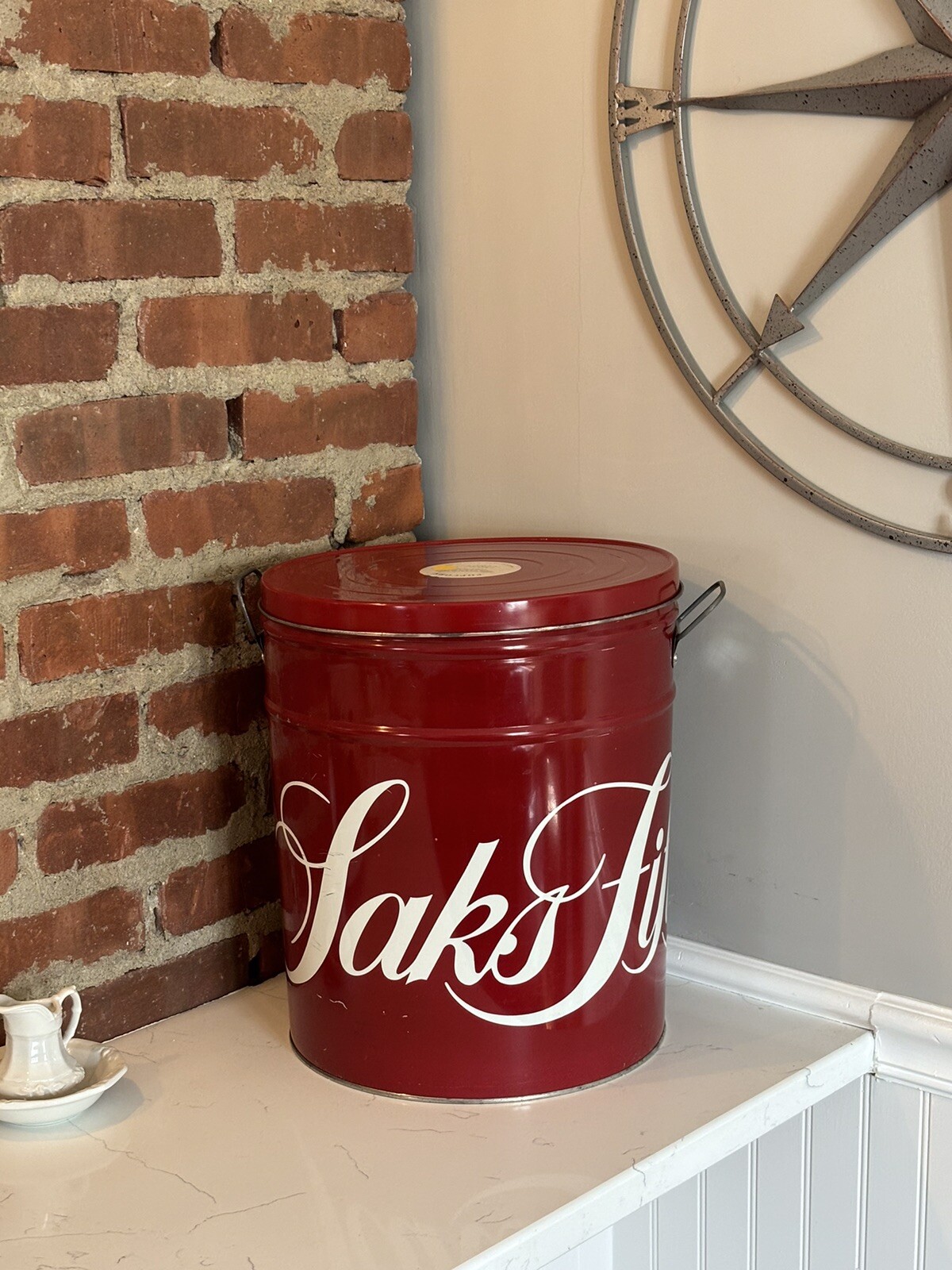 VTG Saks Fifth Avenue Red White Popcorn Tin Rare Luxe DECOR