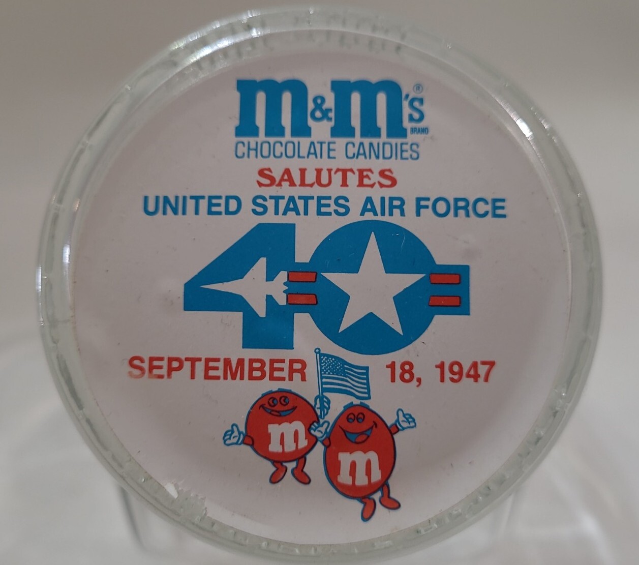 M&M Chocolate Candies United States Air Force 1947 40 years Glass Canister Jar
