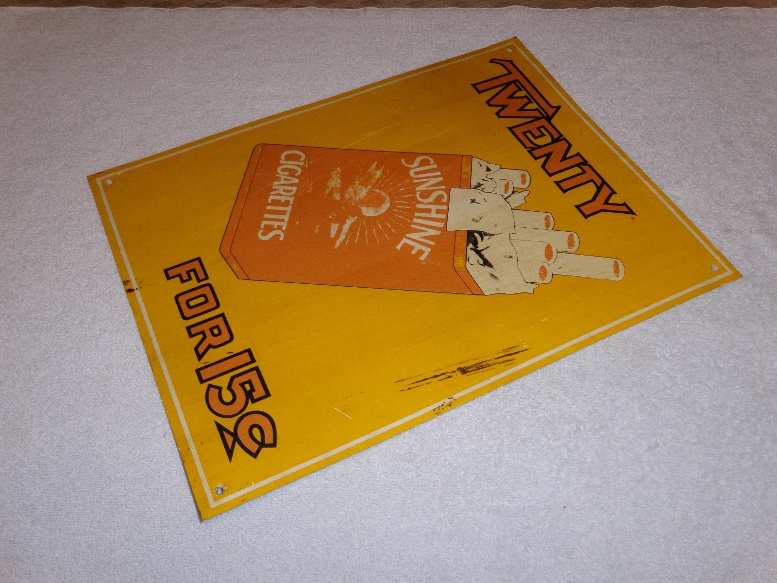 VINTAGE TWENTY SUNSHINE CIGARETTES FOR 15 CENTS 18″ X 13 3/4″ METAL TOBACCO SIGN