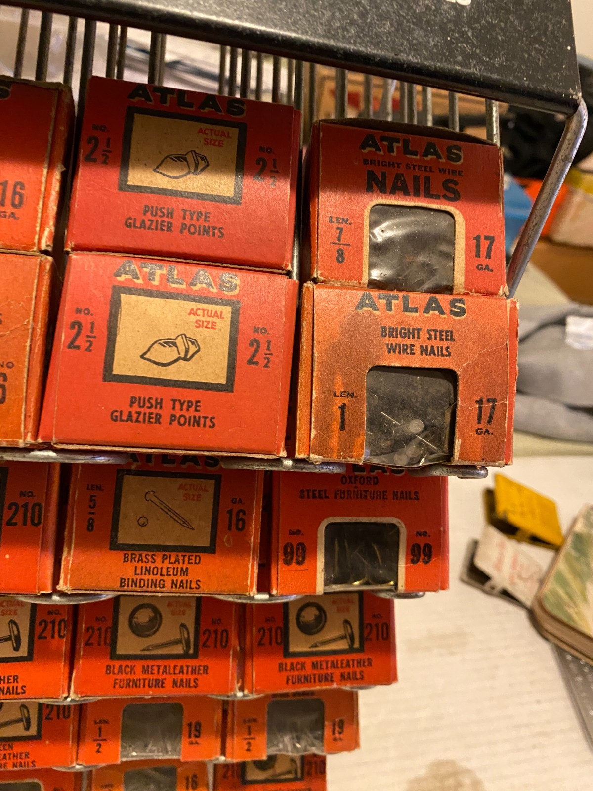 Vintage Atlas Tack and Nail Bar wire rack counter display w/ (65) NOS boxes