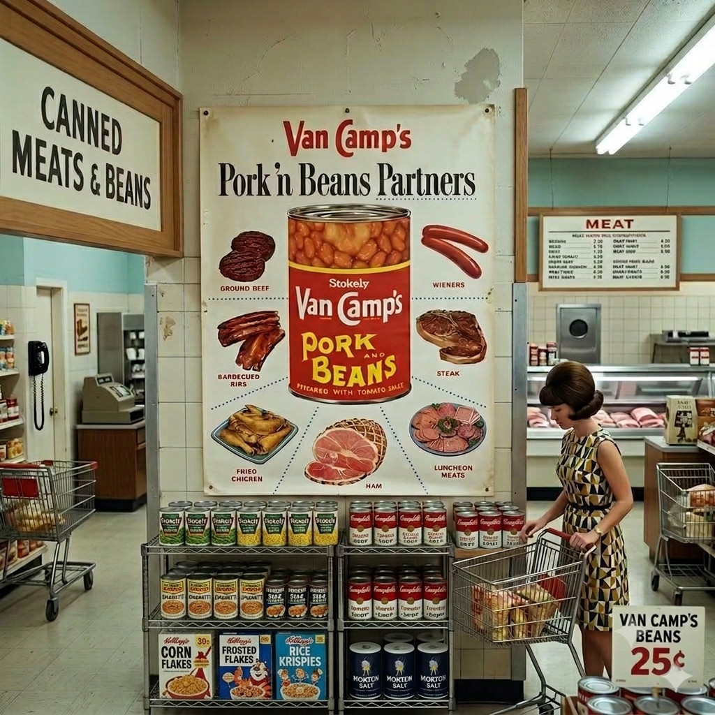 Vintage Grocery Store Advertising Display 58×42 Poster Van Camp’s Pork and Beans