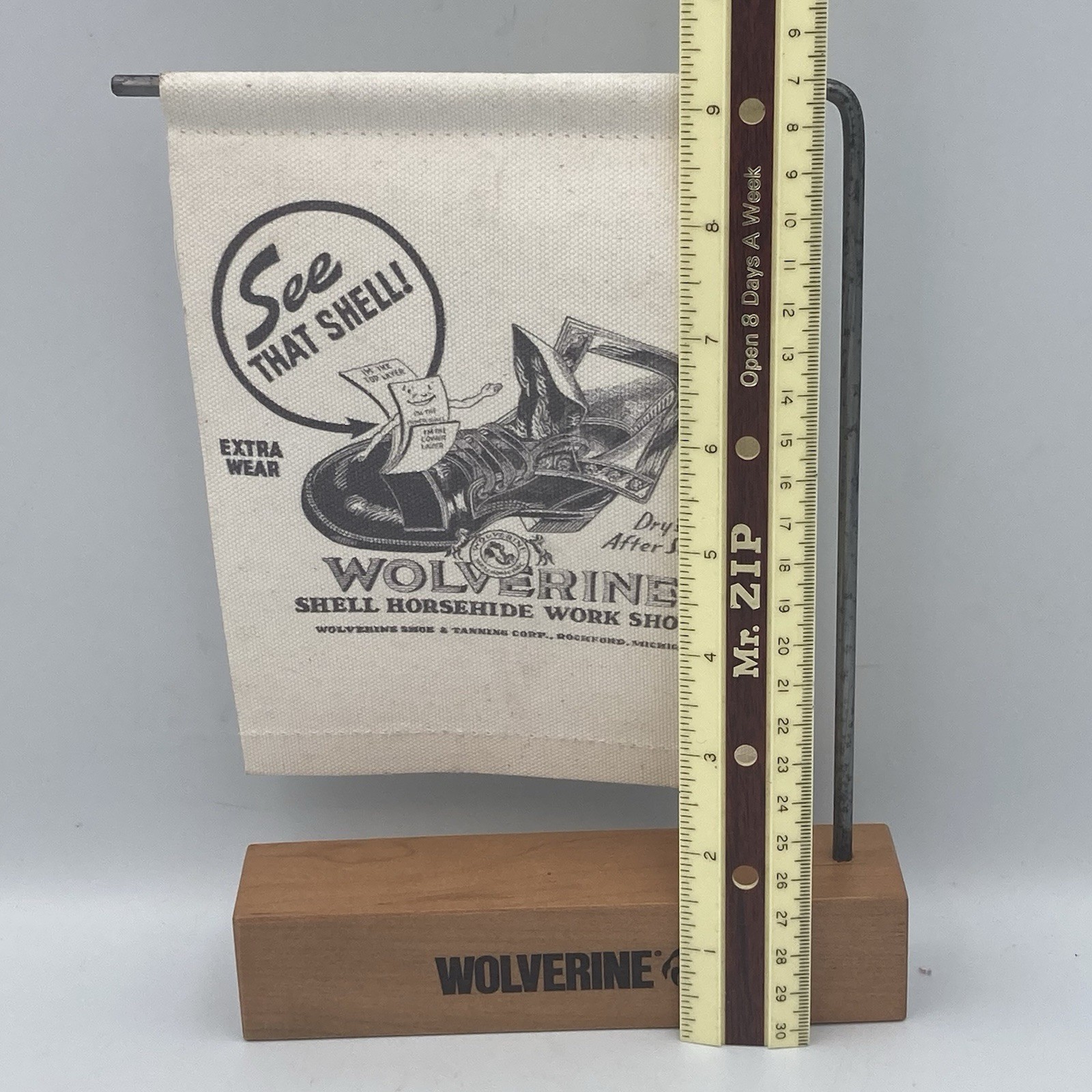 Vintage Wolverine Boots Shoe Sign Store Display Wood Block Canvas Flag 1000 Mile